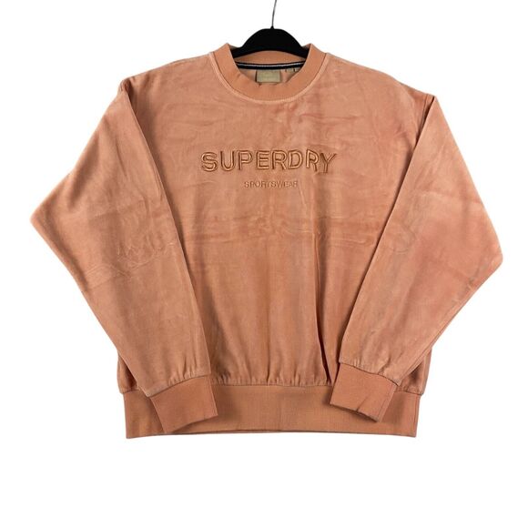 Superdry Velour Graphic Boxy Crew Neck Sweatshirt Woman Peach‎ Size 10 - Picture 1 of 13